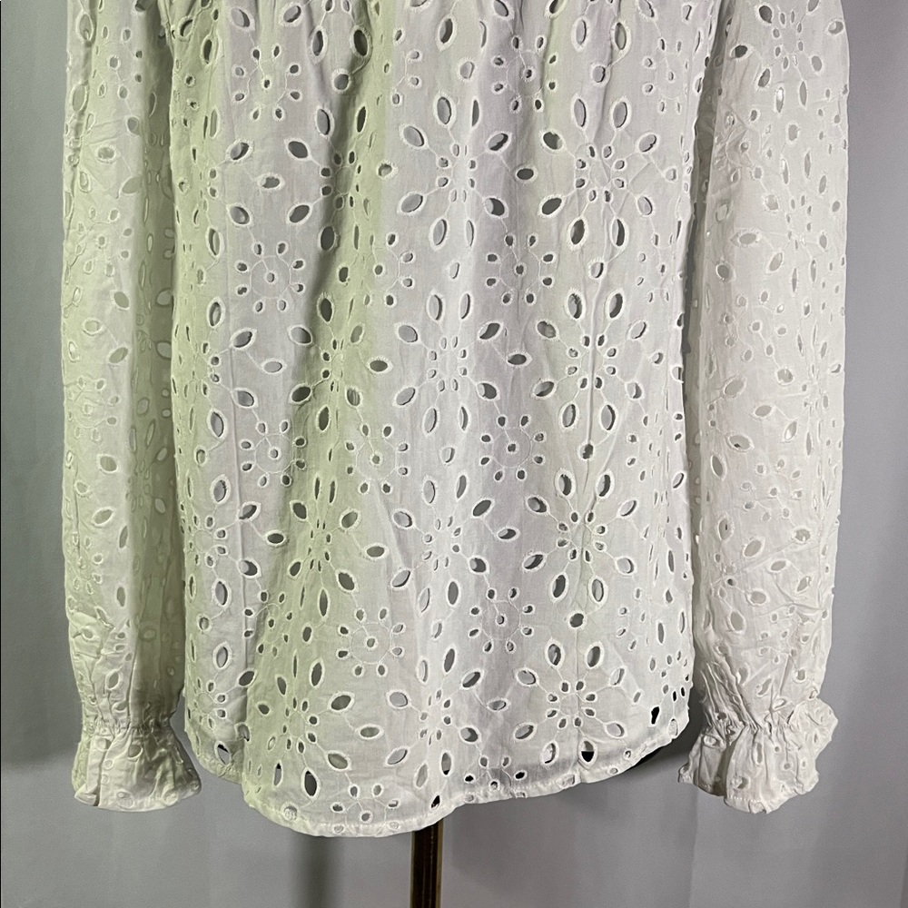 NWT PrettyGarden White Floral Eyelet Long Sleeve Button Front Ruffle Blouse - Picture 12 of 16